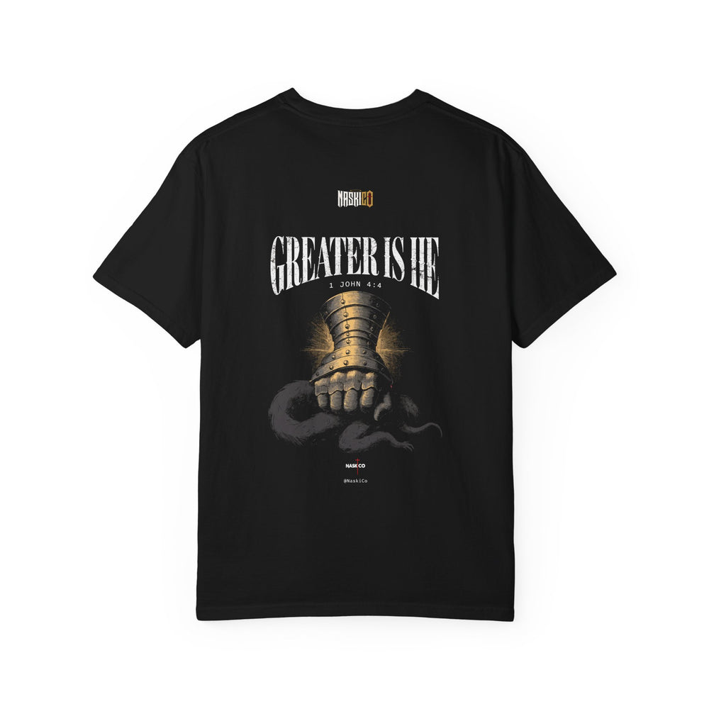 Greater Is He back print detail
