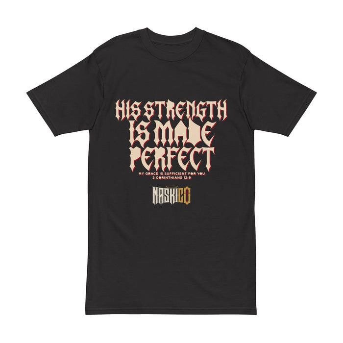 His Strength Is Made Perfect · Front-Print Heavyweight Tee