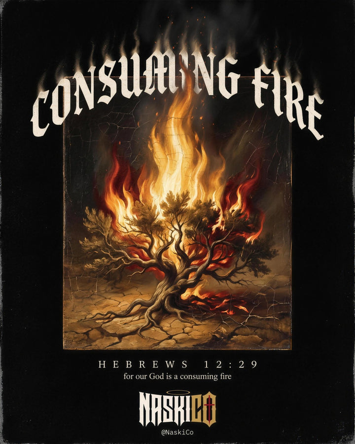 Consuming Fire — NaskiCo Christian scripture tee & wall art, Heb 12:29