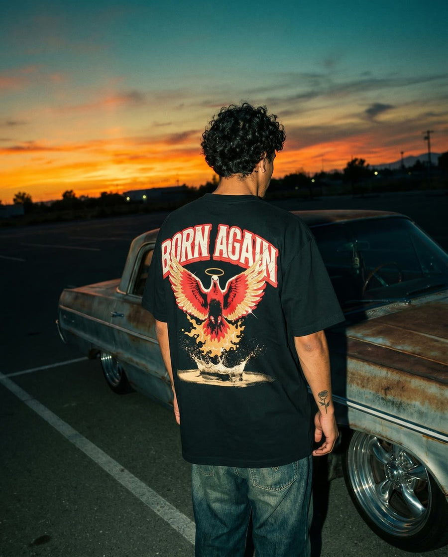 Model wearing NaskiCo Born Again tee