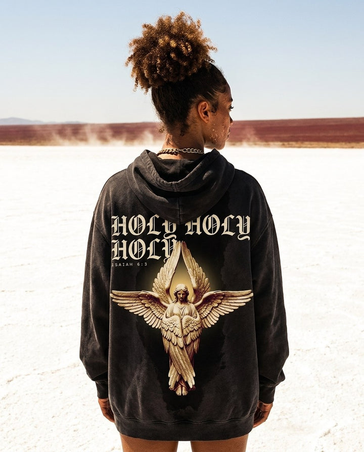 The Seraph worn — NaskiCo Christian streetwear hoodie back-print, Isaiah 6:3