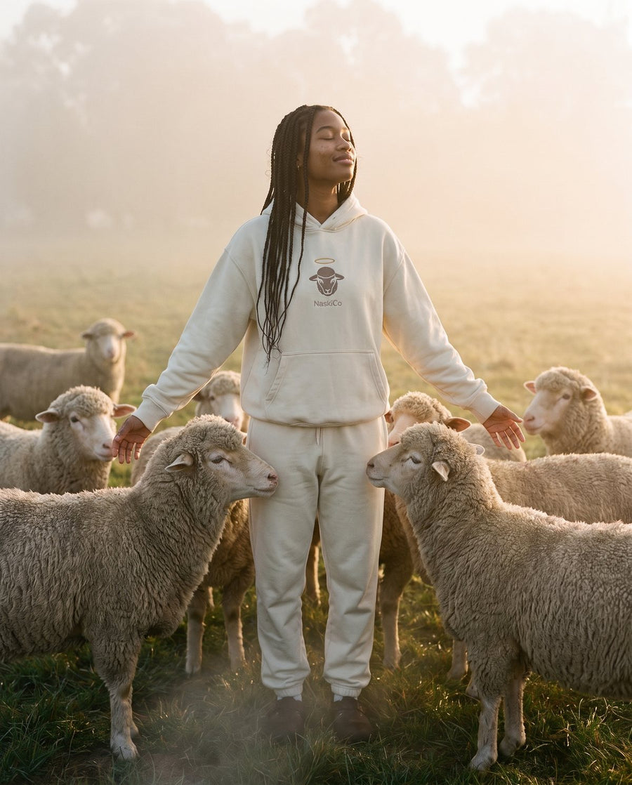 Skyfold cream hoodie and jogger set worn in a dawn paddock among the flock