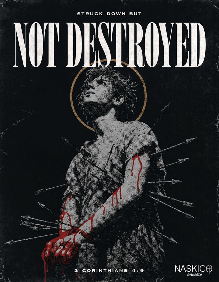 Not Destroyed — NaskiCo Christian scripture tee & wall art, 2 Cor 4:9