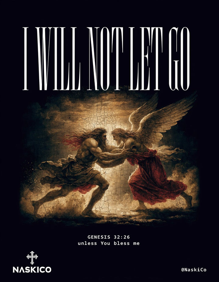 I Will Not Let Go — NaskiCo Christian scripture tee & wall art, Gen 32:26