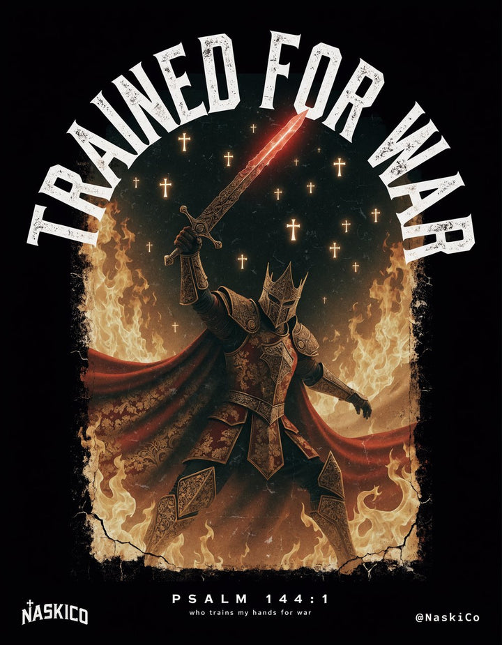Trained For War — NaskiCo Christian scripture tee & wall art, Ps 144:1
