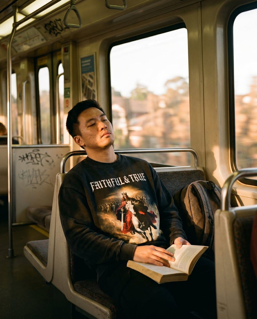 Model wearing NaskiCo Faithful and True Christian streetwear tee