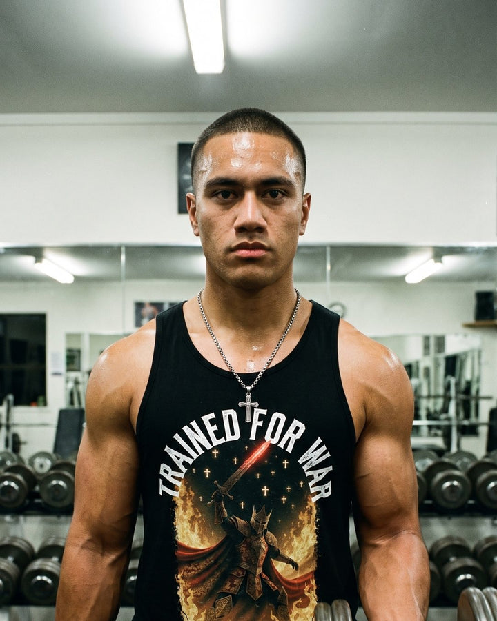 Model wearing the NaskiCo Trained For War muscle tank in the gym, Psalm 144:1