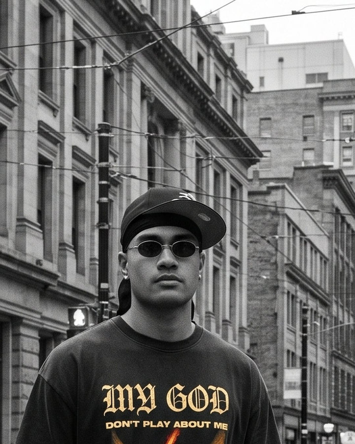 My God, Don't Play — NaskiCo Christian streetwear tee worn, Exodus 14:14