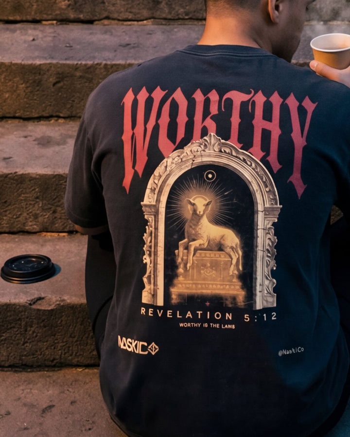 NaskiCo Worthy hoodie back print worn, Revelation 5:12