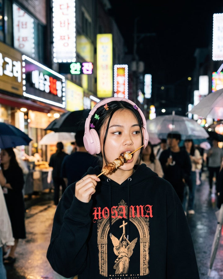 Suki wearing the NaskiCo Hosanna Christian streetwear hoodie, Matthew 21:9