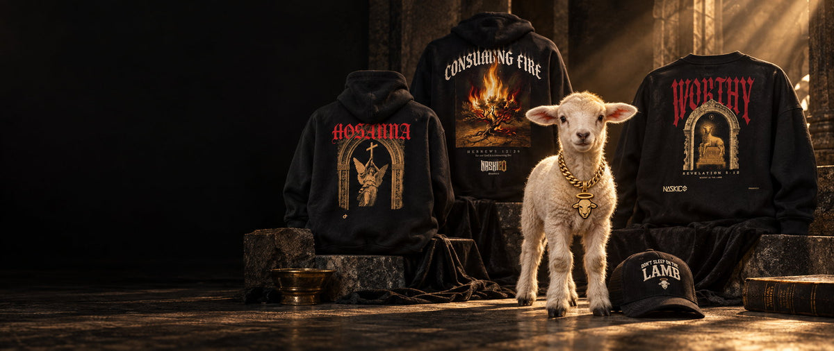 NaskiCo Sacred Art garments and headwear displayed with a lamb in a stone archive
